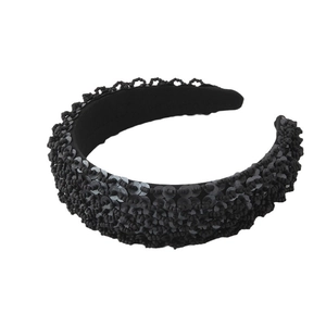 Fashionable black sponge headband with glittery sequins and beads for women