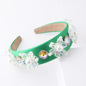 Serre-tête baroque vert de luxe avec fleurs en cristal et perles pour femme