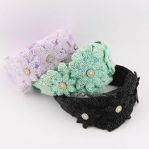 Vintage Elegant Handmade Beaded Flower Wide Headband With Rhinestones For Women Wedding Party Luxury Fabric Hair Hoop Accessory