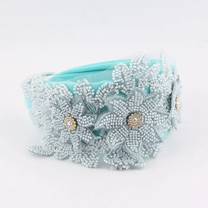 Elegant mint green wide headband with handmade grey beaded flowers and crystals