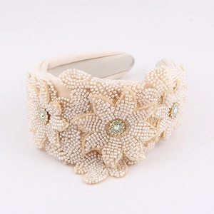 Elegant wide headband with handmade beads and rhinestones floral embroidery