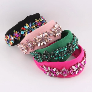 Luxury Padded Headband Rhinestone Flower Crystal Fabric Wide Hairband For Women Vintage Wedding Banquet Hair Accessories
