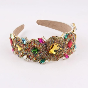 Luxurious baroque wide headband with colorful large crystals and multi-color rhinestones