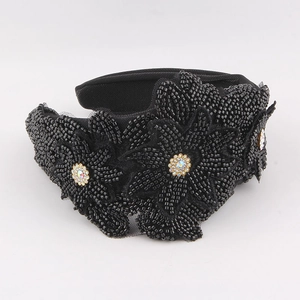 Elegant wide headband with handmade black beads and rhinestone flower patterns