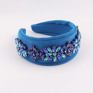 Peacock blue fabric headband with colorful crystal flowers and thick sponge padding