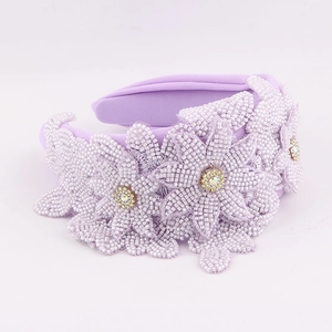 Elegant wide lavender headband with handmade beaded flowers and sparkling rhinestones