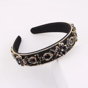 Baroque black velvet wide headband with gold-set rhinestones and crystals in floral patterns