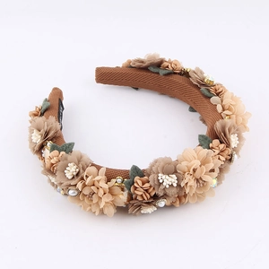 Baroque sponge headband with 3D chiffon flowers, faux pearls, and rhinestones