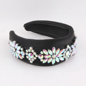 Close-up of padded headband with black woven fabric and colorful AB crystal flowers