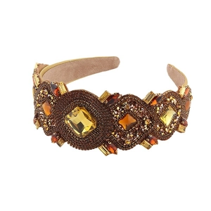 Retro Baroque wide headband featuring amber glass crystals and gold beaded embroidery