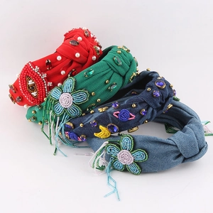Serre-Tête de Luxe en Tissu avec Fleurs et Strass Bandeau Bohème Perlé à la Main avec Gland et Nœud en Jean pour Femme