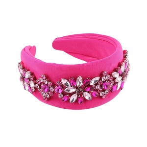 Wide pink fabric headband for women decorated with sparkling floral rhinestones and gems
