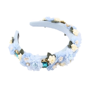 Baroque light blue sponge headband with fabric flowers, pearls and rhinestones for women