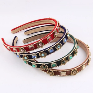 French Vintage Velvet Flower Rhinestone Headband Elegant Floral Square Gem Hair Band For Women Fashion Hair Accessories