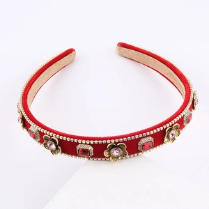 French vintage red velvet headband with golden metallic flowers and rhinestones