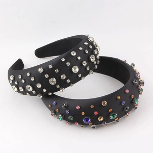 Baroque Wide Padded Headband For Women Black Satin Rhinestone Hairband Vintage Crystal Hair Hoop Fashion Hair Accessories