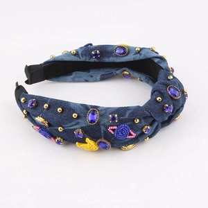 Serre-tête élégant en denim bleu marine avec strass et broderie de planète