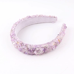 Detail of lavender velvet headband featuring light purple crushed quartz and pink beads