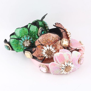 Baroque Sequin Flower Headband For Women Rhinestone Crystal 3D Floral Wide Padded Hair Band Statement Party Hair Accessories