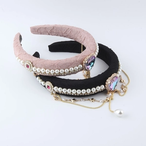 Artificial Baroque Pearl Tassel Headband For Women Vintage Rhinestone Heart Padded Hair Band Wrinkled Fabric Party Hair Accessories