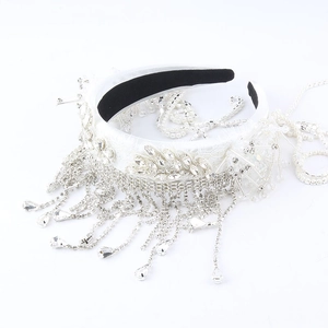 Serre-tête de mariée blanc de luxe avec franges en strass et cristaux en feuille