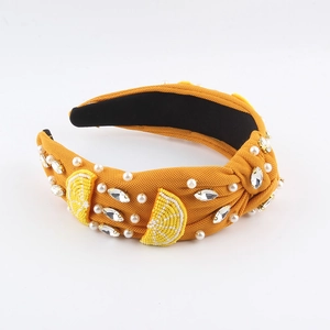 Serre-tête noué jaune en tissu avec perles, strass et motifs de citron brodés à la main
