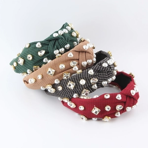 Vintage Knotted Wide Headband Rhinestone Artificial Pearl Fabric Hair Band For Women Fashion Party Hair Accessories Headpiece
