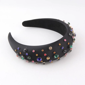Baroque padded headband with colorful rhinestones on black silk fabric for women