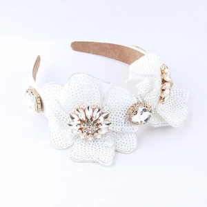 Baroque white sequin flower headband with large sparkling crystals and gold metal setting