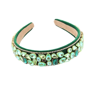 Serre-tête luxueux en velours vert avec cristaux colorés de style émeraude sertis main