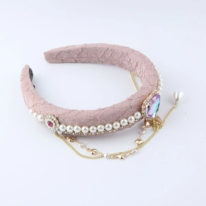 Pink baroque sponge headband with faux pearls, crystal heart and gold tassel fringe