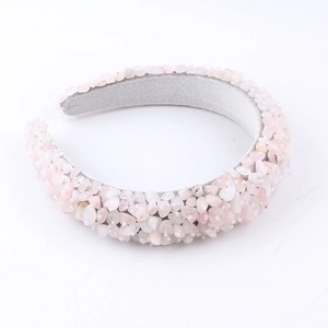 Elegant wide headband decorated with pink quartz stone particles and beads for women