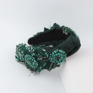 Serre-tête baroque vert foncé avec cristaux brillants et broderies florales de luxe
