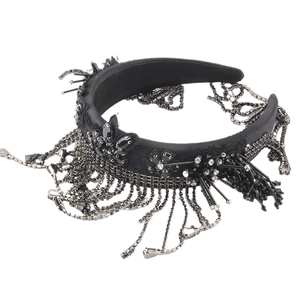Serre-tête luxe noir avec pompons de diamants, dentelle et strass étincelants