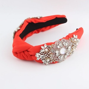 Red knotted fabric headband featuring luxury rhinestones and white pearls for women