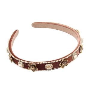 French vintage headband with golden metal flowers and amber rhinestones on velvet