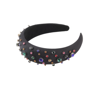 Baroque padded sponge headband for women with colorful rhinestones on black fabric base