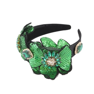 Baroque padded headband with green sequins flowers and emerald gemstones for party