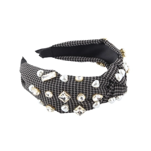 Fashion wide knotted headband with black plaid pattern, faux pearls and sparkling rhinestones
