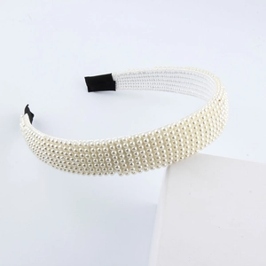 Serre-tête large élégant avec rangées de perles blanches polies style rétro chic