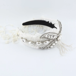 Baroque white bridal headband with lace, pearls, rhinestones and elegant beaded tassels