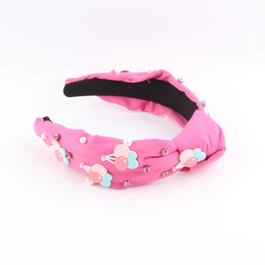 Serre-tête en tissu rose noué pour femmes avec ballons 3D, perles et strass brillants
