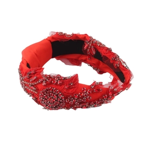 Serre-tête baroque rouge en tissu avec cristaux de luxe et paillettes pour fêtes