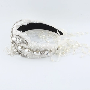 Baroque style wide headband with white pearls, rhinestones and fringe tassel detail