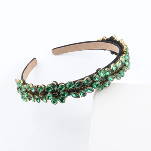 Baroque green crystal headband with teardrop rhinestones on golden metal base