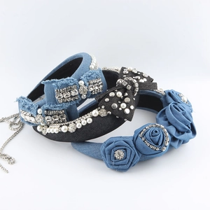 Baroque Denim Bow Headband With Rhinestone Faux Artificial Pearl Tassel Sponge Padded Hairband For Women Vintage Fashion Accessories
