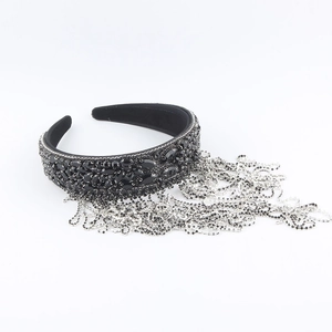 Baroque luxury headband with black rhinestones and silver fringe tassel detail