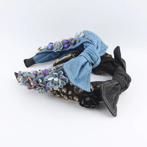 Baroque Denim Bow Headband For Women Vintage Rhinestone Flower Knotted Hairband Fashion Denim Cloth Party Hair Accessories