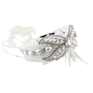 Baroque style white bridal headband with pearls, rhinestones, lace, and tassels