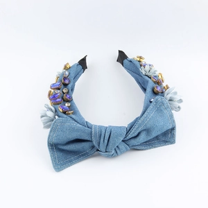 Baroque denim headband with large bow, blue rhinestones and fabric flower accents